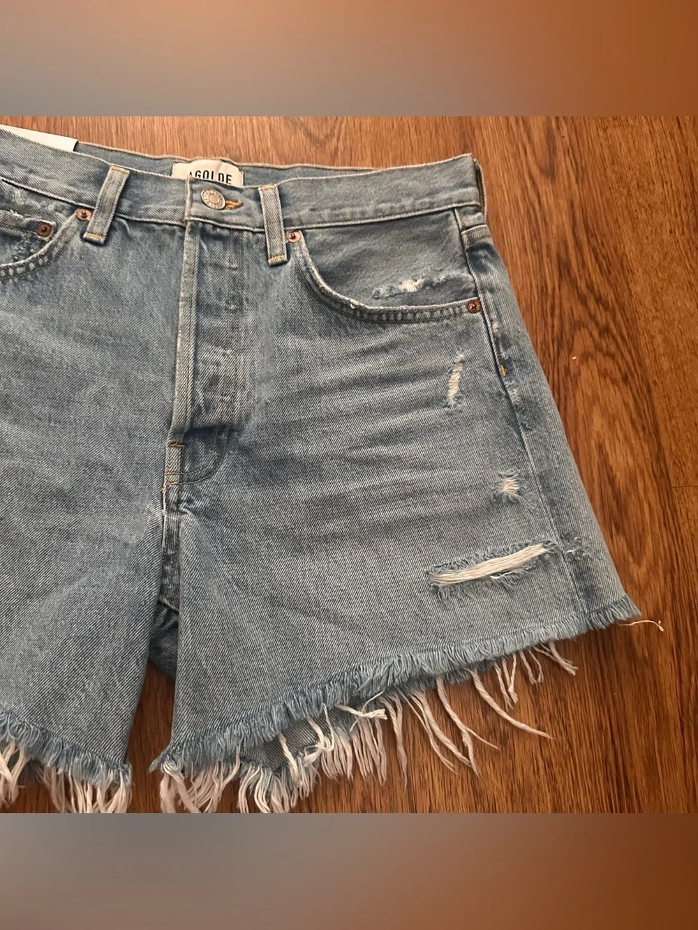 AGOLDE Light Denim Frayed Hem High-Rise Jean Shorts 27 Parker Long loose fit